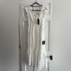 Lulu’s Midi White with Gold polka dot Flowy dress